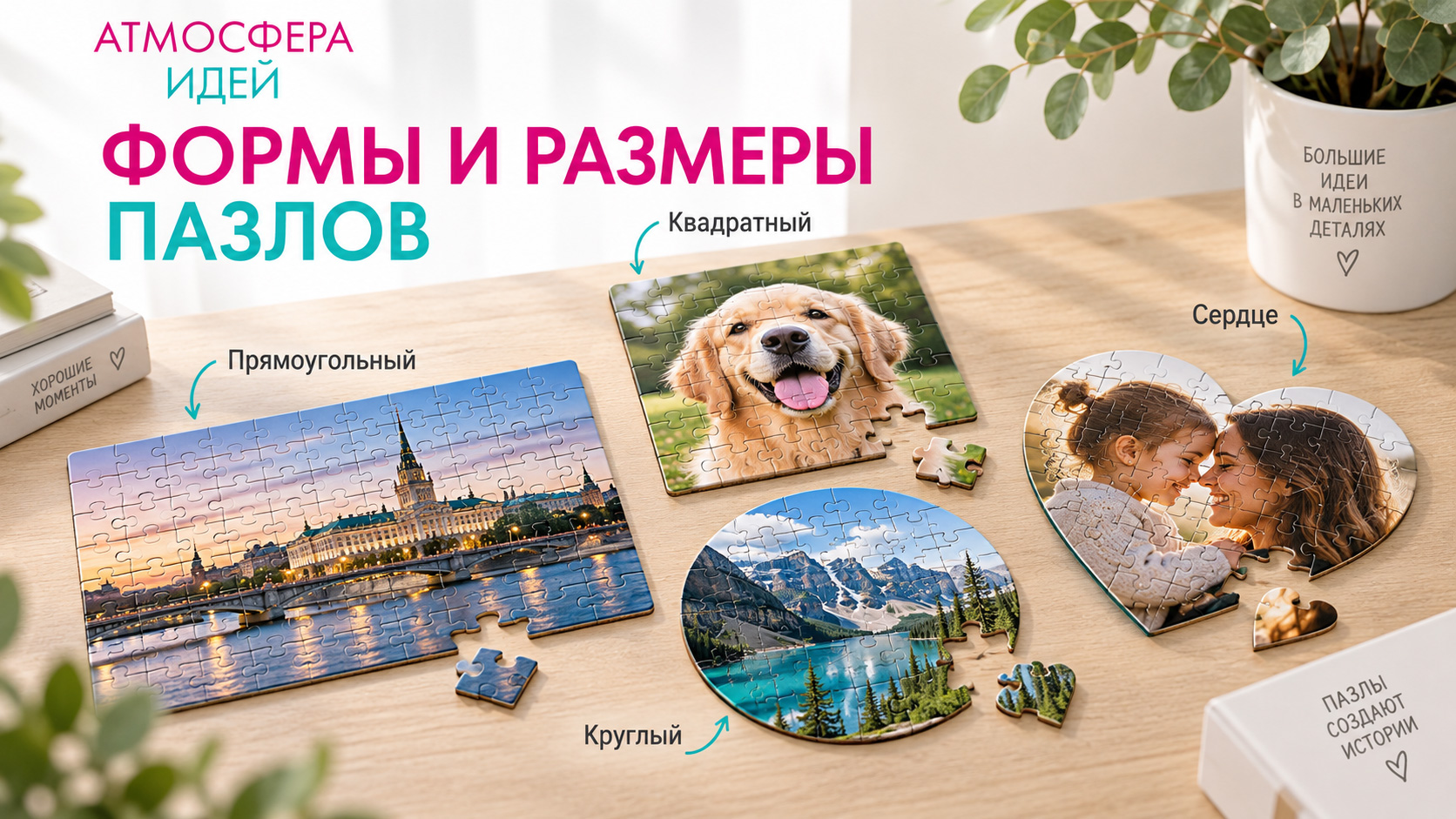 Прямоугольный, квадратный, круглый фотопазл и пазл в форме сердца