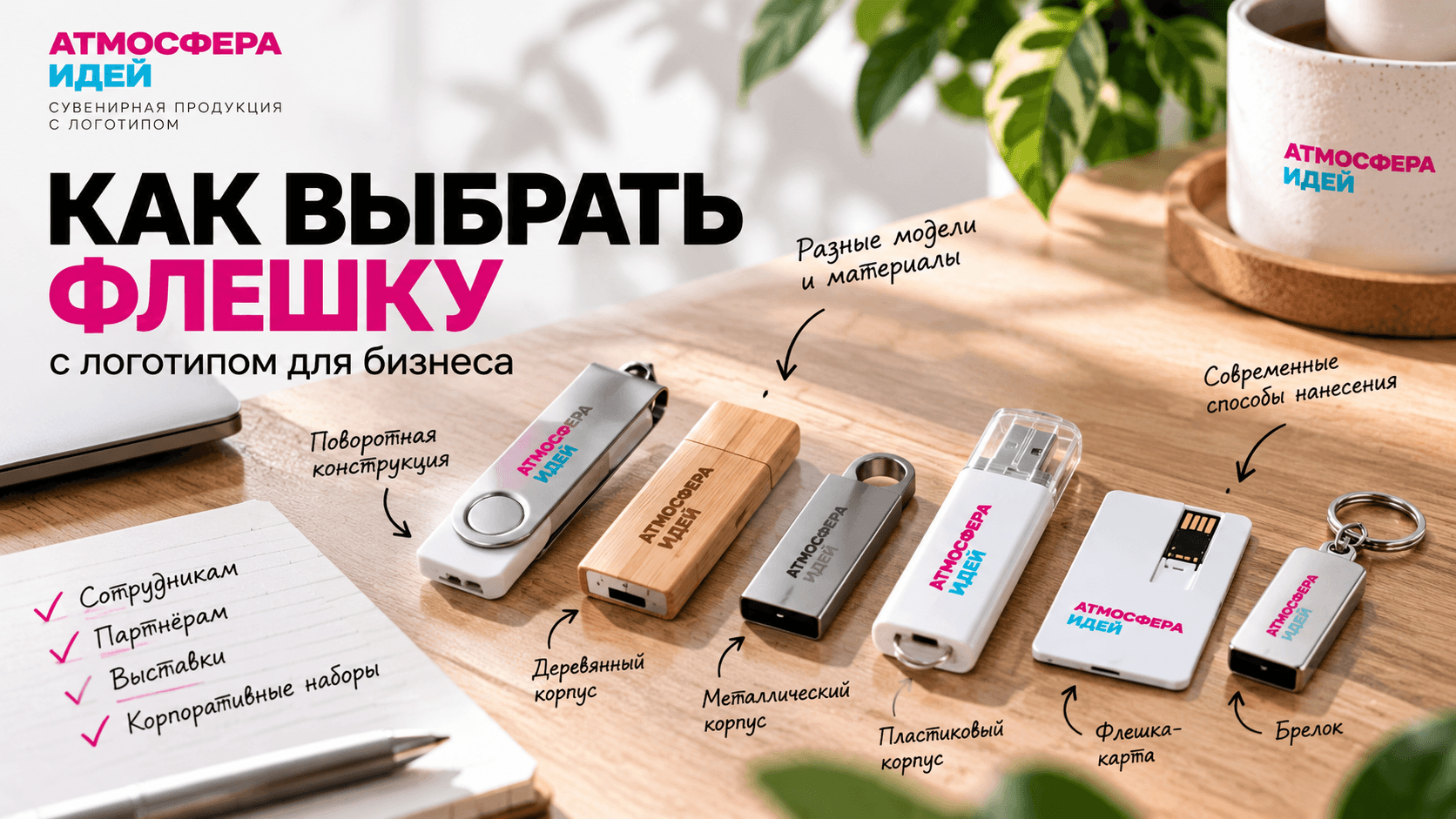 Разные модели USB-флешек с логотипом для корпоративного брендирования