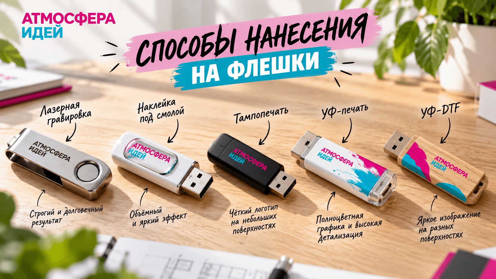 Лазерная гравировка, тампопечать, УФ-печать и другие способы нанесения на флешки
